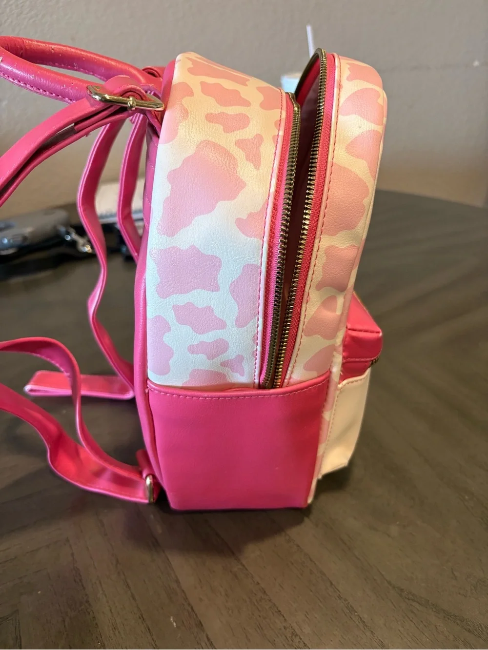 Girls Pink Cow Print Mini Backpack with Strawberry Charm
